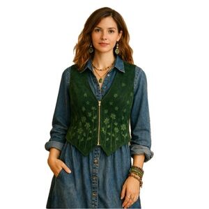 AJ Leather, Vintage Suede Embroidered Vest Anthropologie Style, Size XL(Fits L)